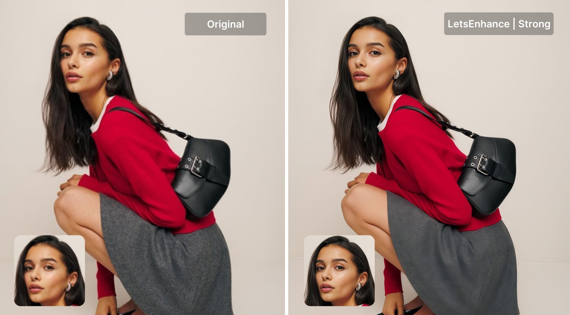 Before-and-after portrait upscale using Strong model with face enhancement