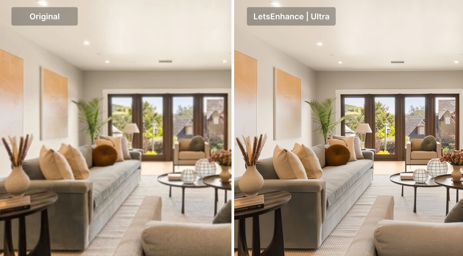 Before-and-after Ultra upscale of a living room interior photo