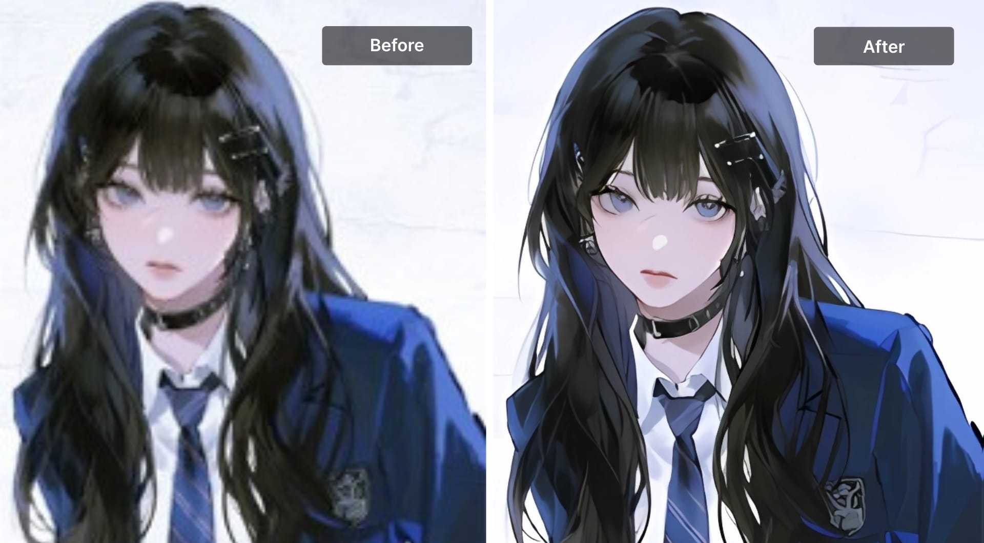 Side by side before and after anime wallpaper upscaling using Bigjpg