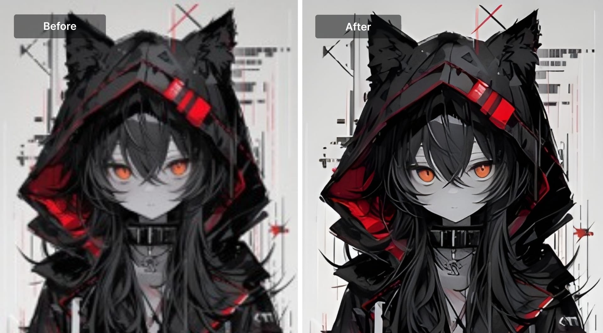 Side by side before and after anime upscaling using ImgUpscaler