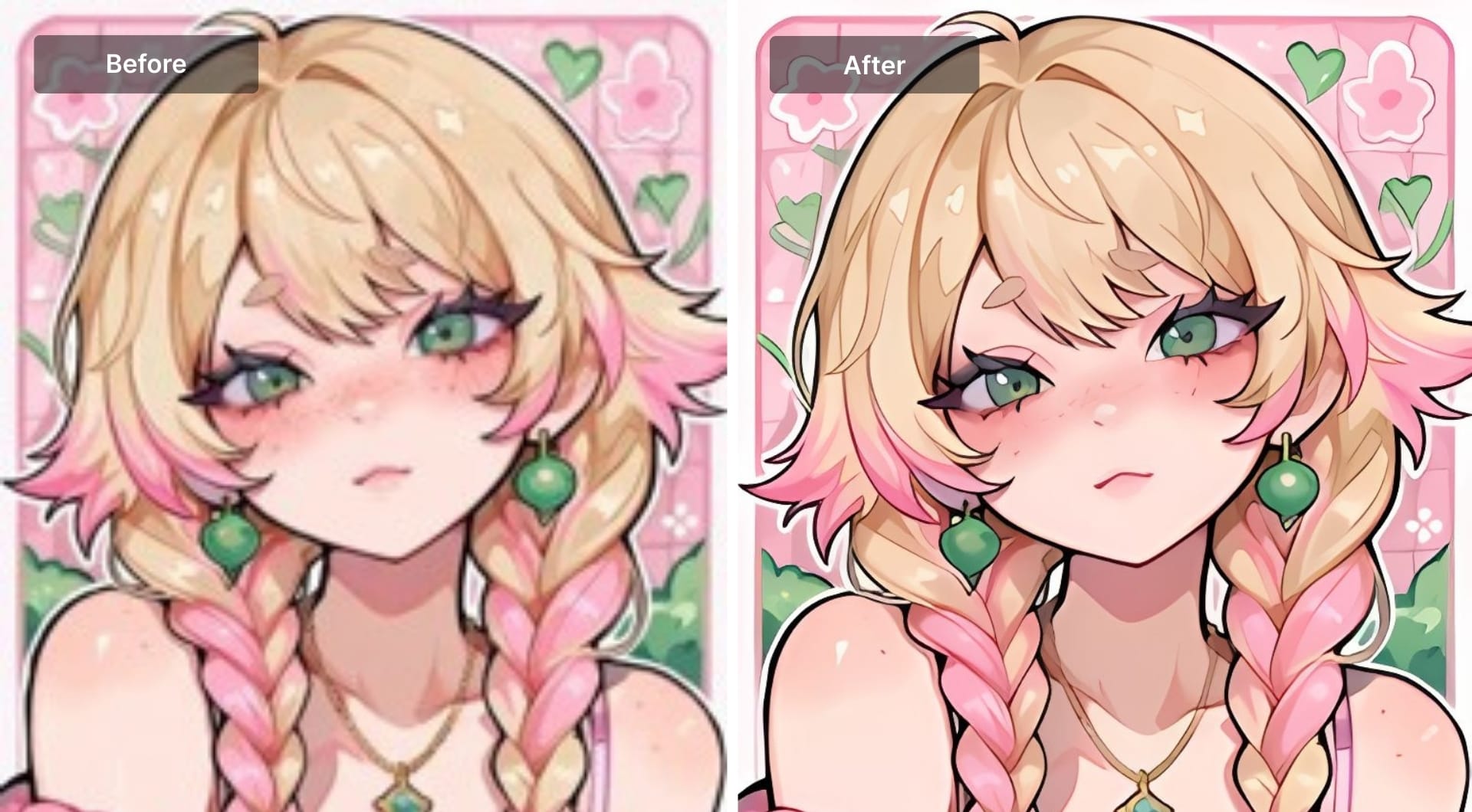 Side by side before and after anime upscaling using VanceAI