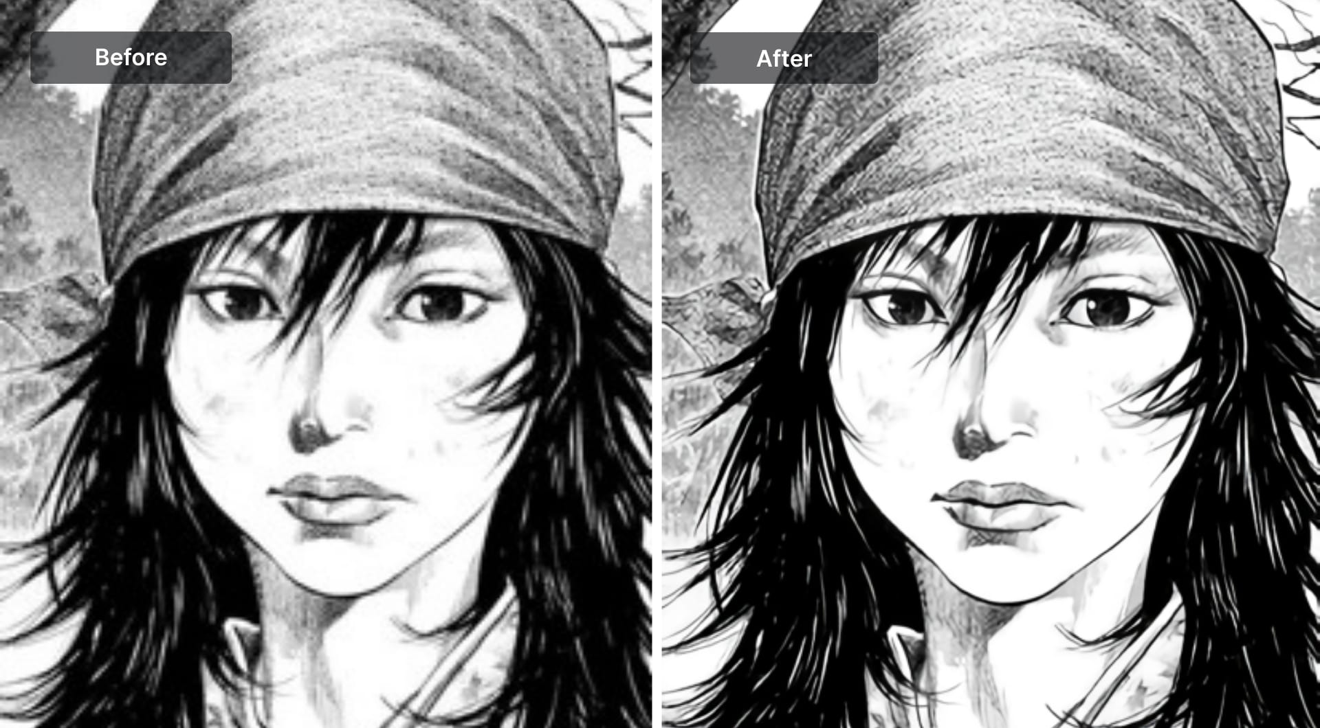 Side by side before and after manga upscaling using Waifu2x