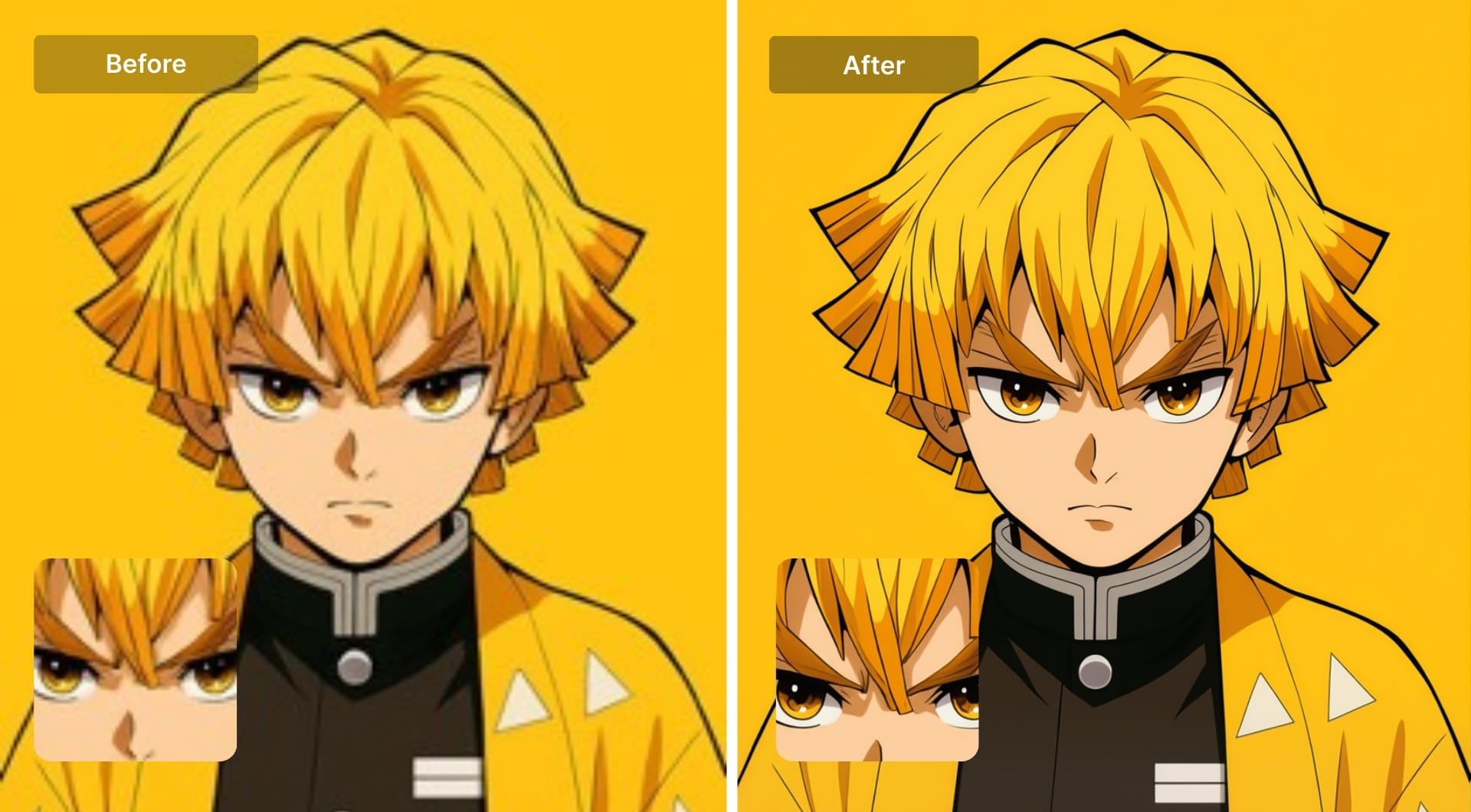 Anime character before and after LetsEnhance AI upscaling