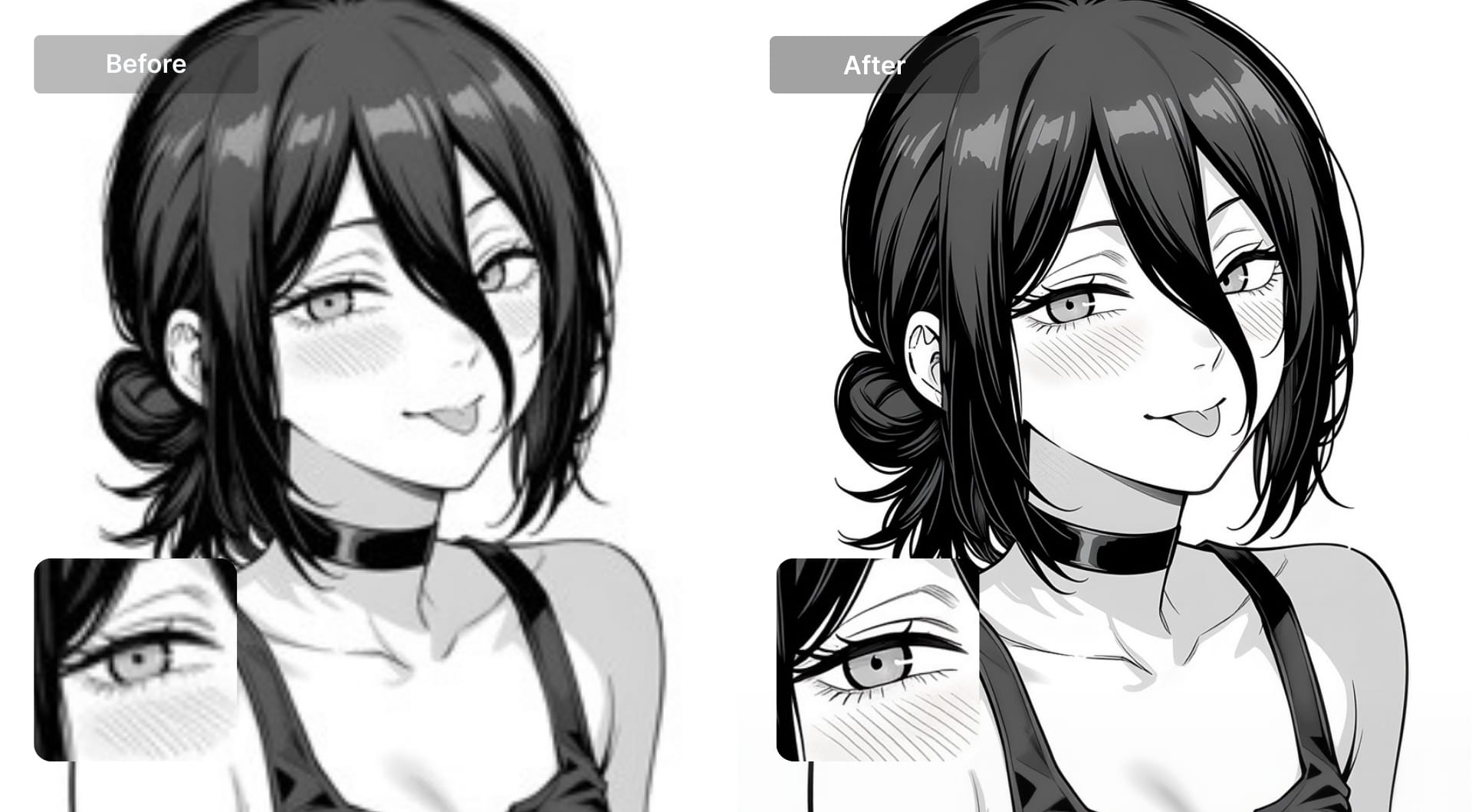 Manga-style anime drawing before and after LetsEnhance upscaling