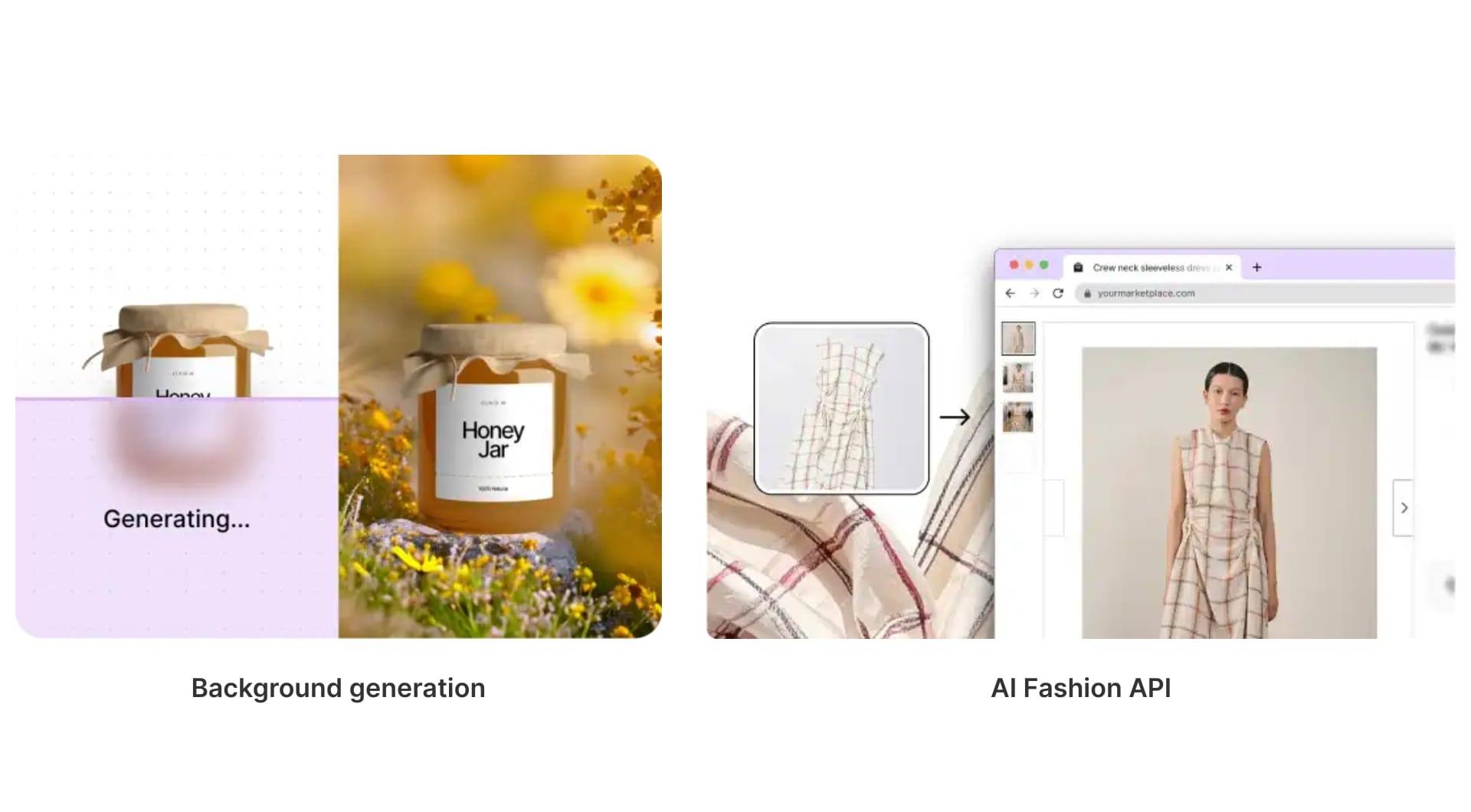 Claid API examples: product background generation and AI fashion model imagery for apparel.