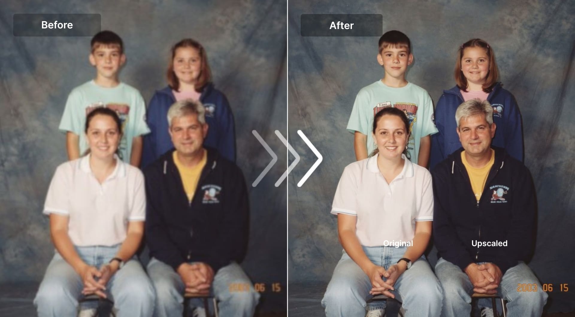 LetsEnhance before-and-after upscaling comparison of a family portrait, showing sharper details.
