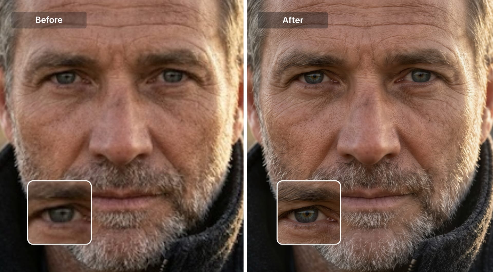 Male portrait before and after upscaling with preserved facial detail