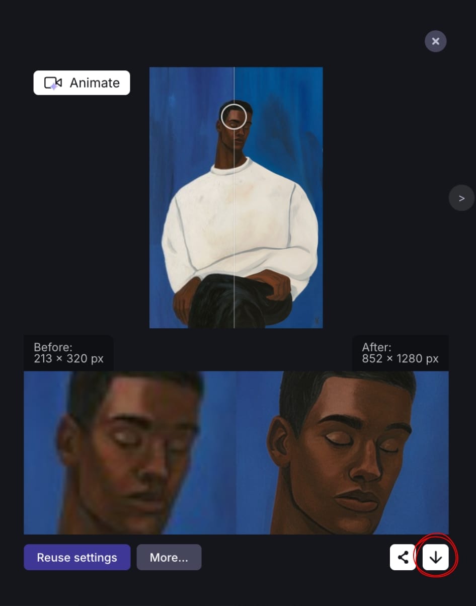 Before-and-after preview with download icon highlighted