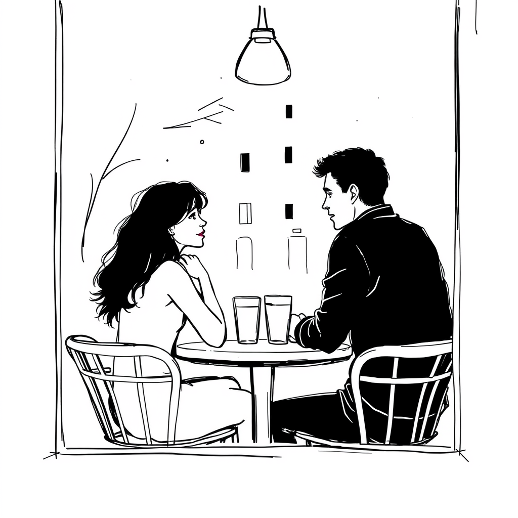 Minimal sketch of couple at cafe table, closer framing