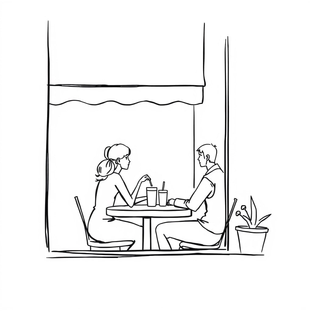 Minimal sketch of couple sitting at a cafe, side view