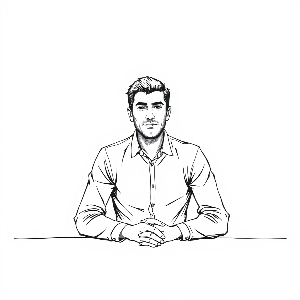 Sketch of a man seated at a table, front view