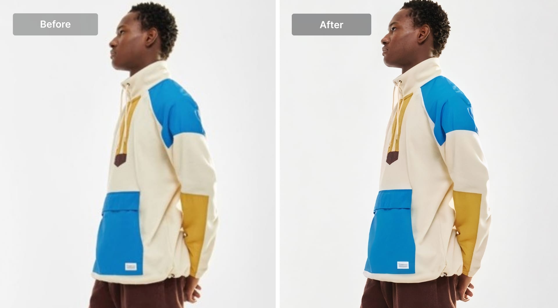 Before-and-after Claid.ai upscale on a fashion product photo