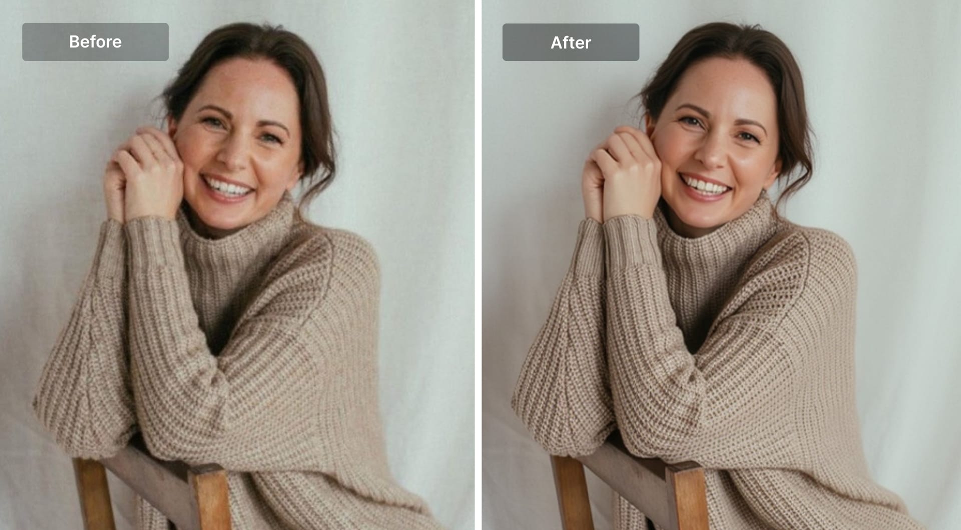 Before-and-after portrait upscale showing sharper facial details