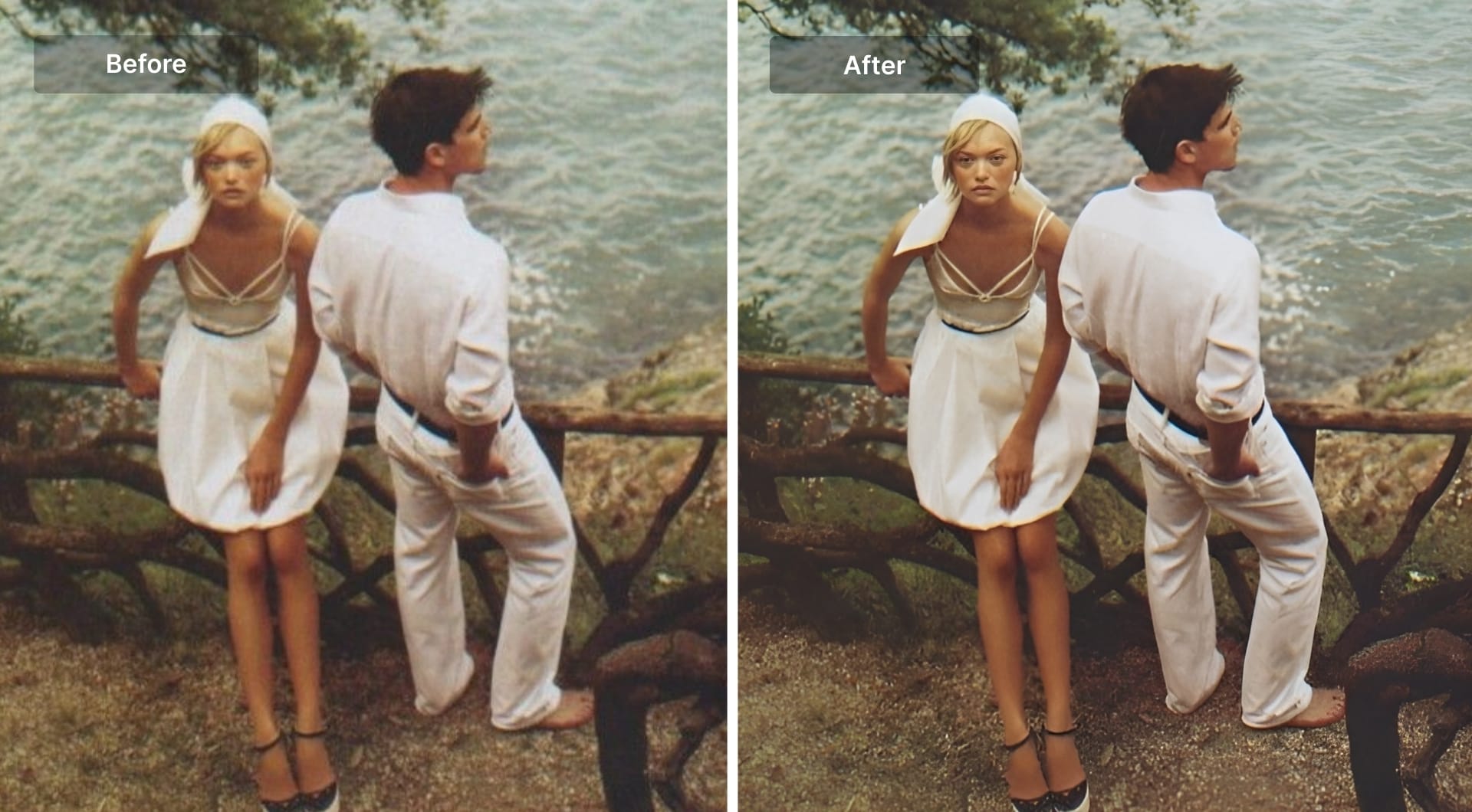 Before-and-after Picsart upscale of a couple near water
