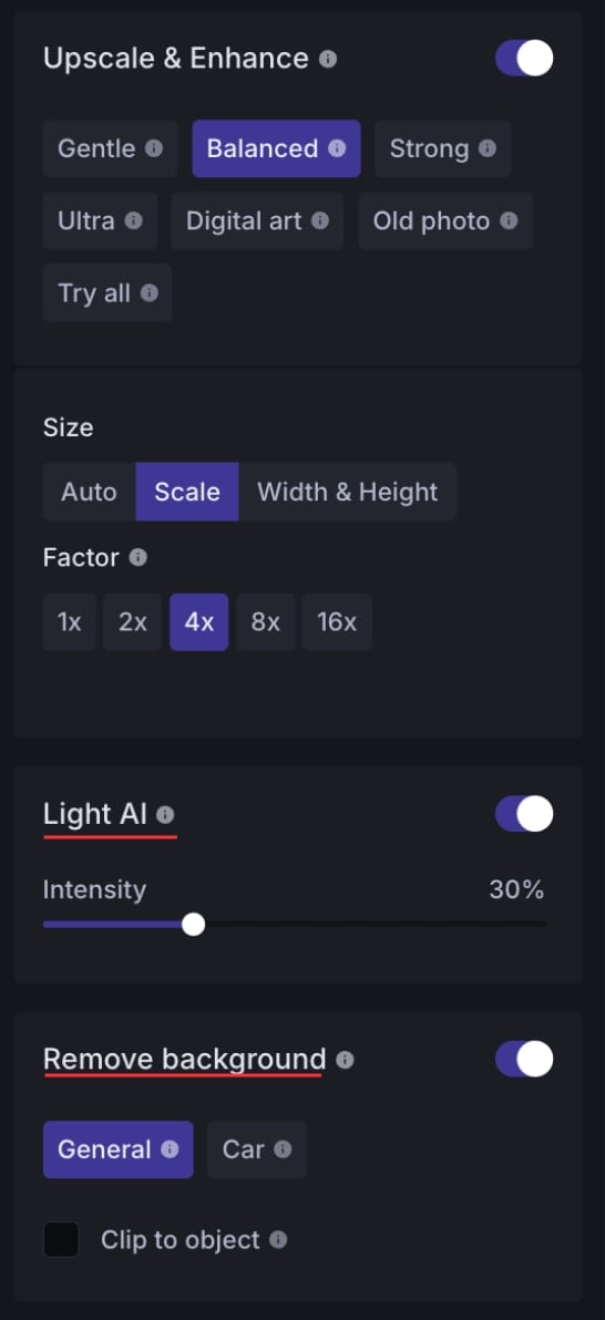 Upscale & Enhance settings showing Light AI and Remove background features