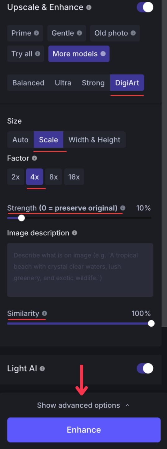 Digital Art upscaler settings selected in LetsEnhance