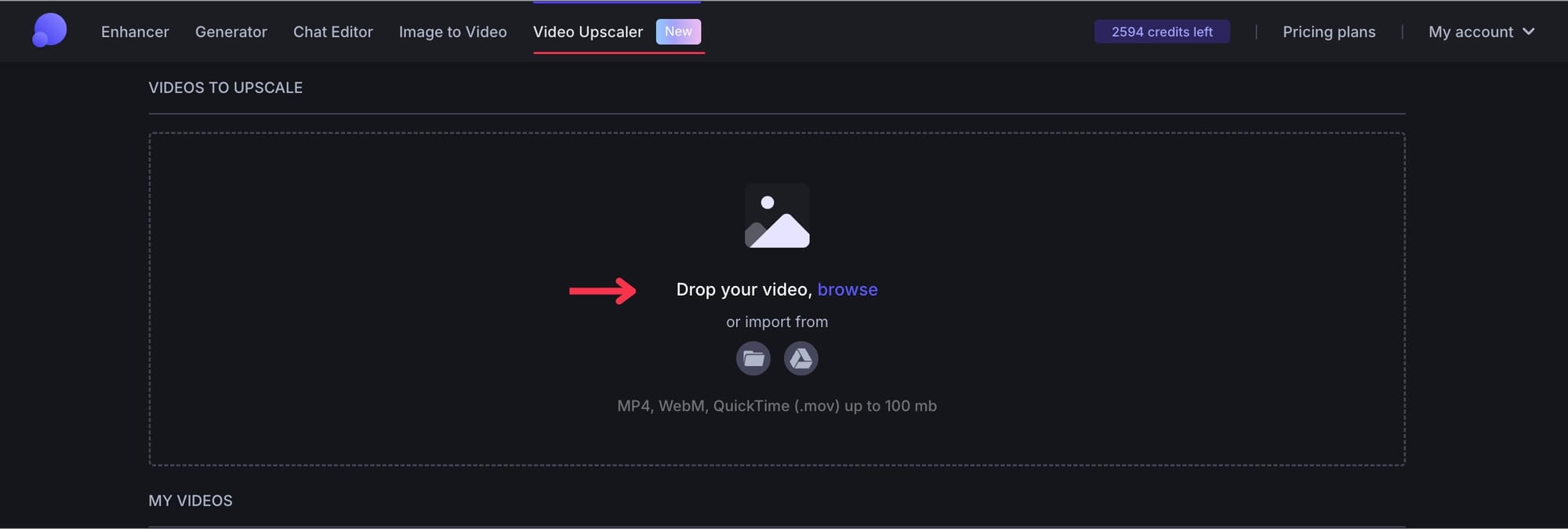 Video upload area in LetsEnhance workspace
