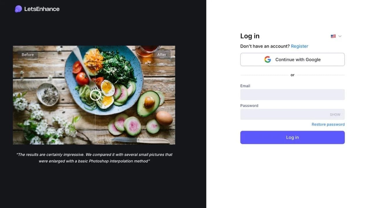 LetsEnhance login page displayed on desktop interface