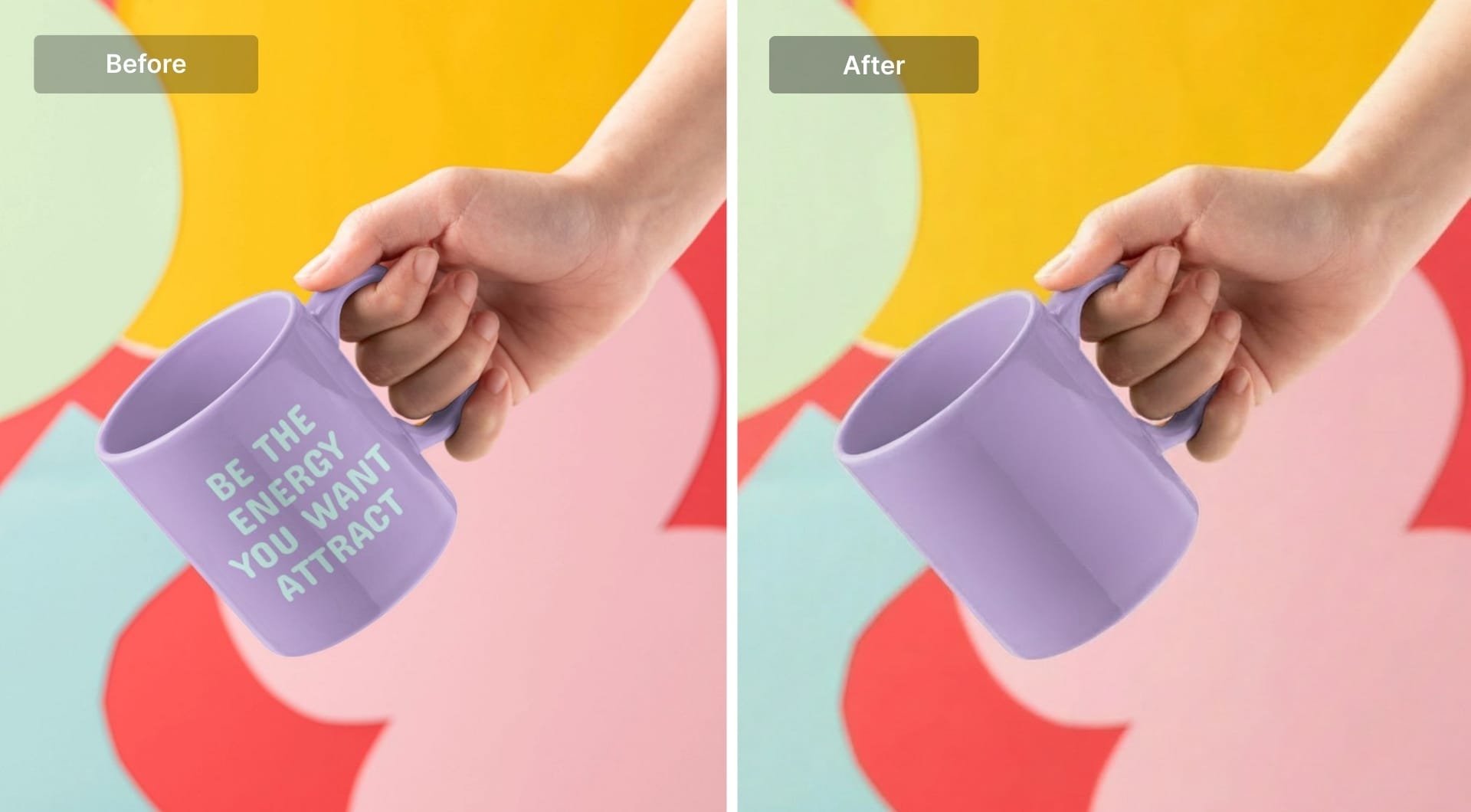 Removing text from the cup using LetsEnhance Chat Editor