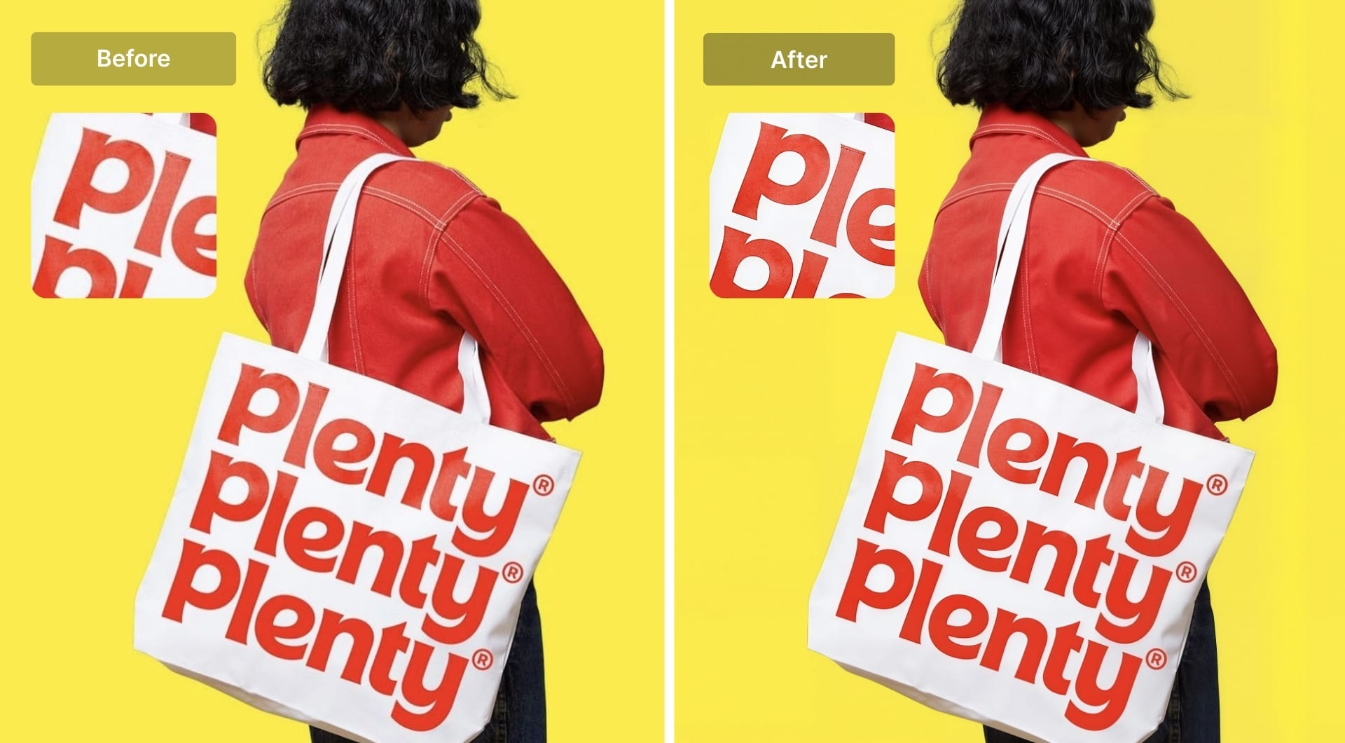 Before after comparison of a potential POD product upscaled 4x with LetsEnhance