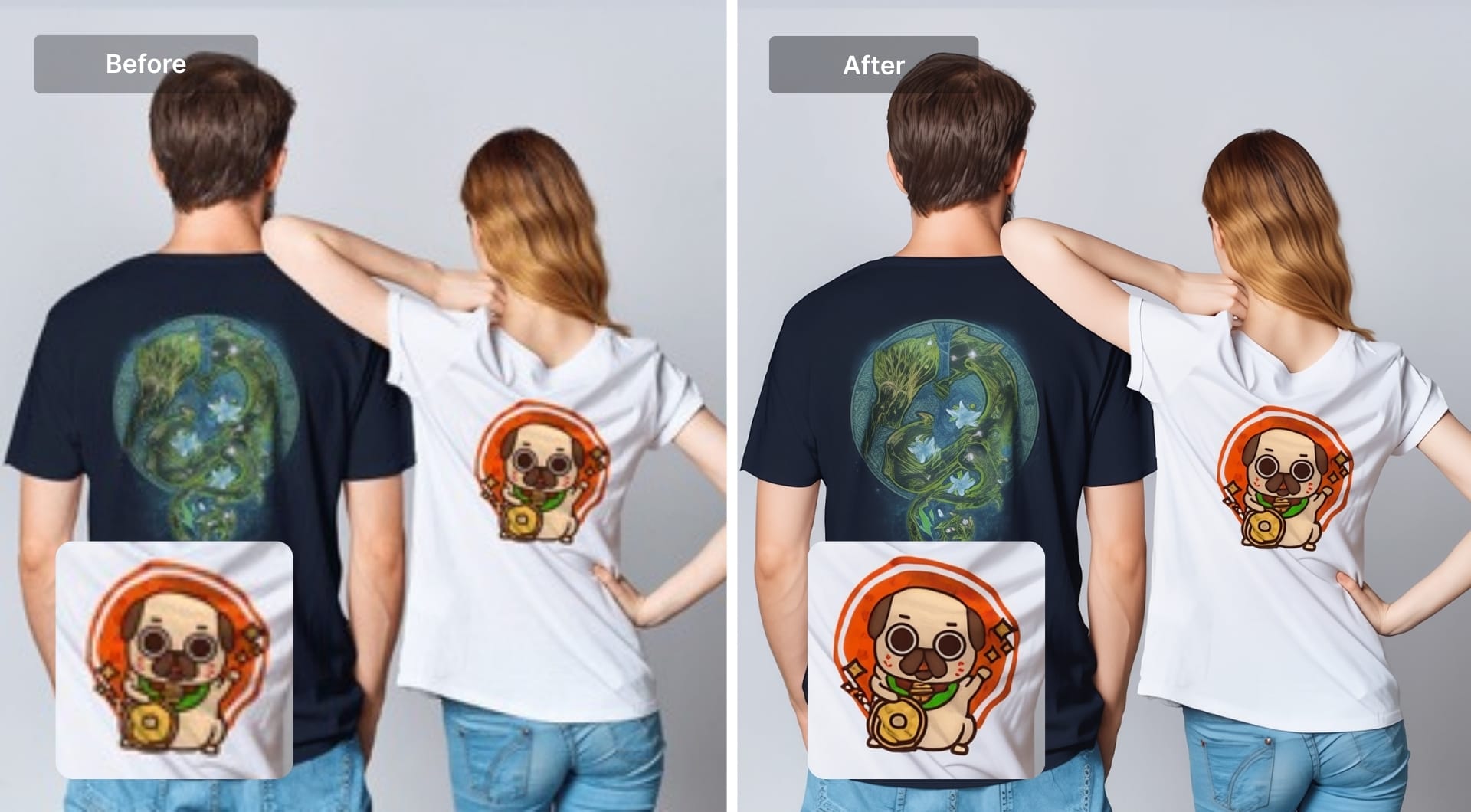 Before-and-after comparison of improved artwork on T-shirt apparel