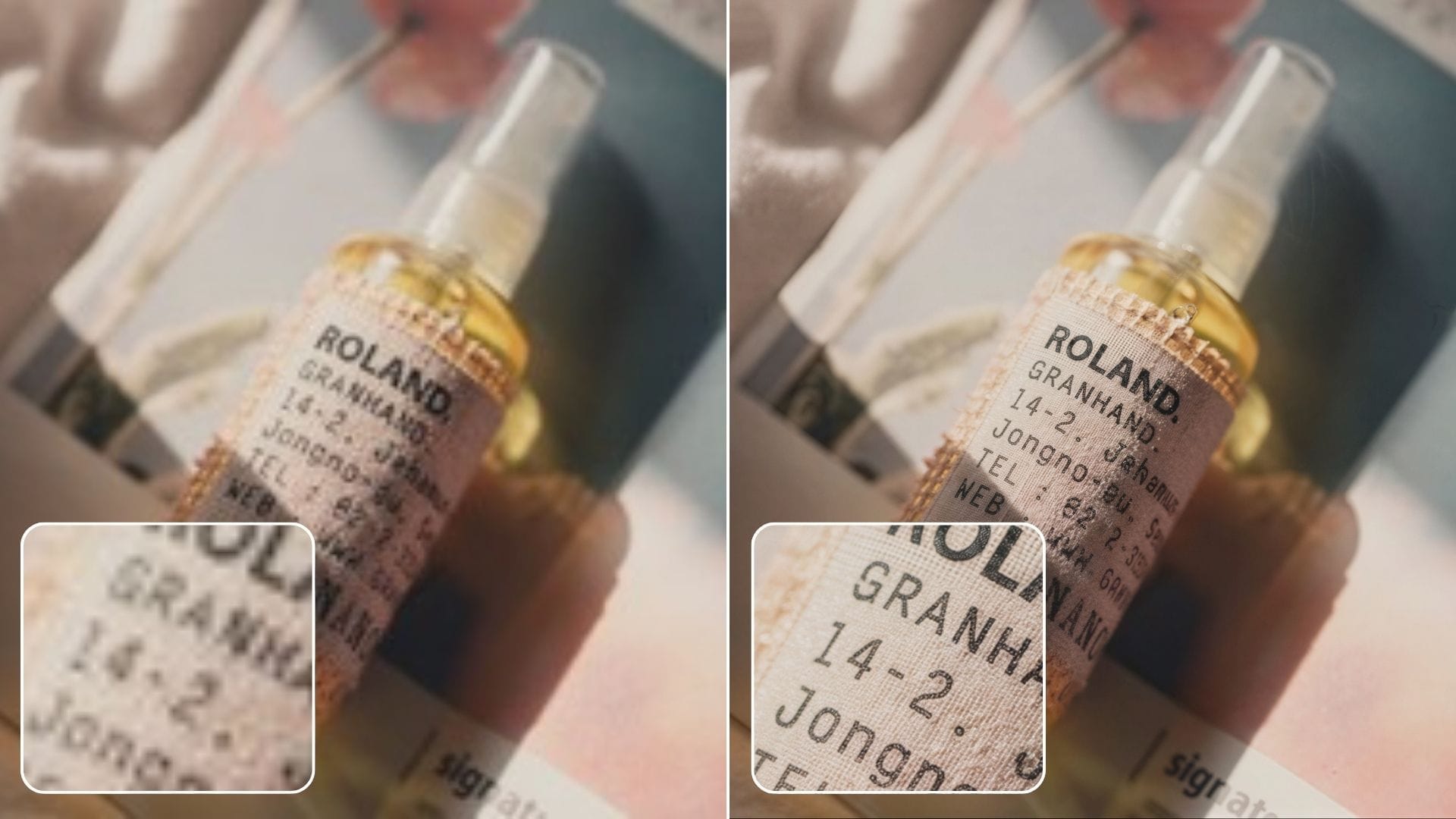 Product label close-up before and after Prime upscaling for clearer text
