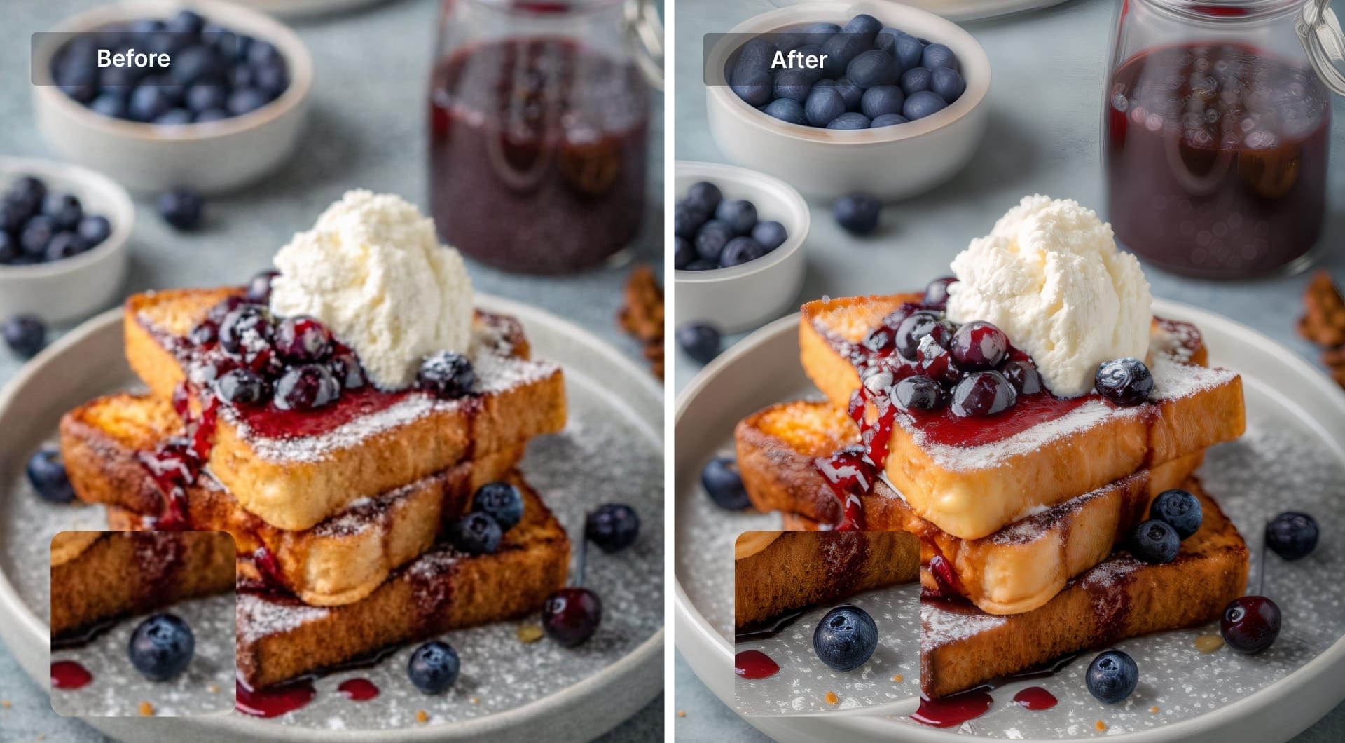 Before-and-after upscale of French toast with berries and whipped cream