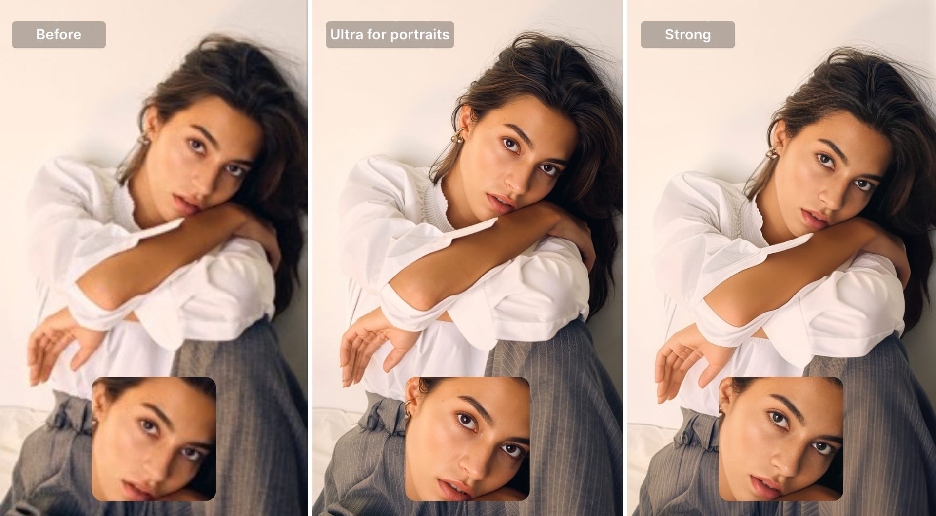 Portrait sharpening comparison: before, Ultra for portraits, and Strong