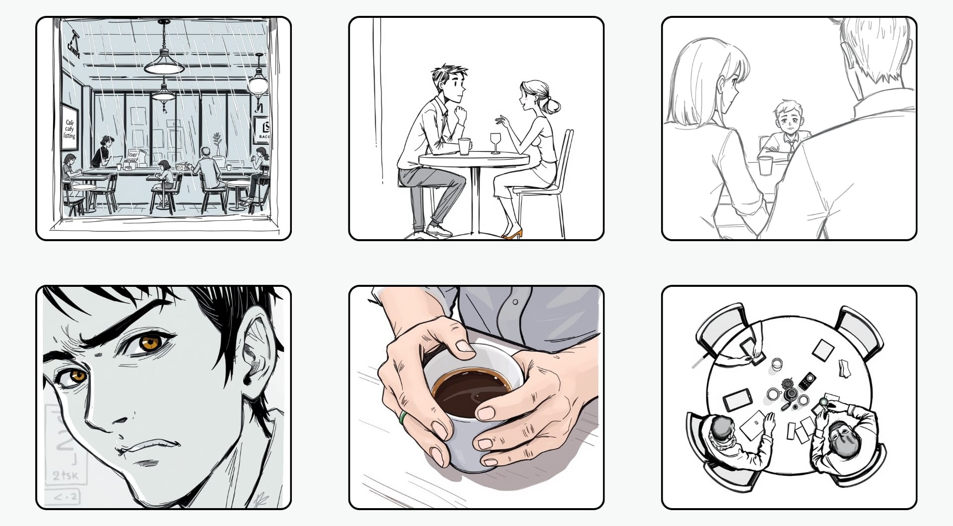 Storyboard grid showing cafe scene and close-up panels