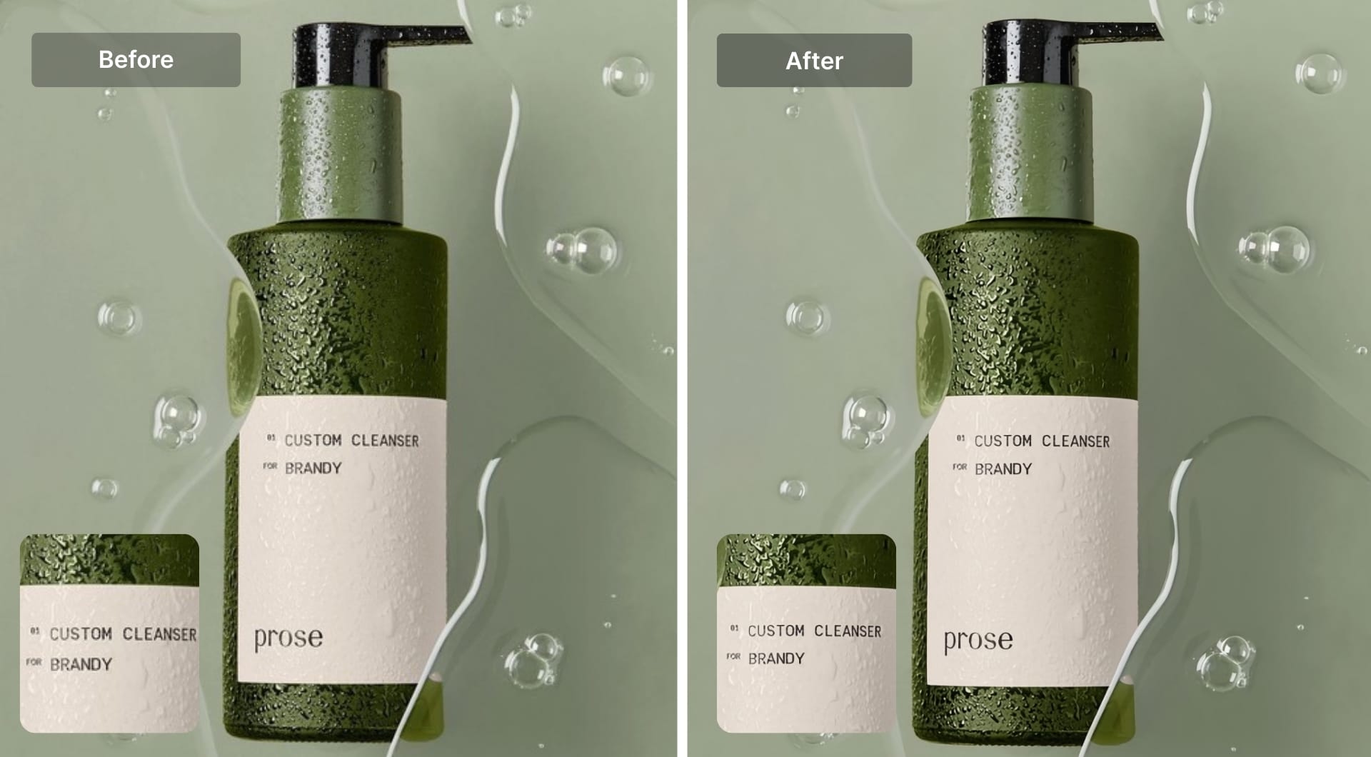 Before-and-after upscale of a green cleanser bottle product photo