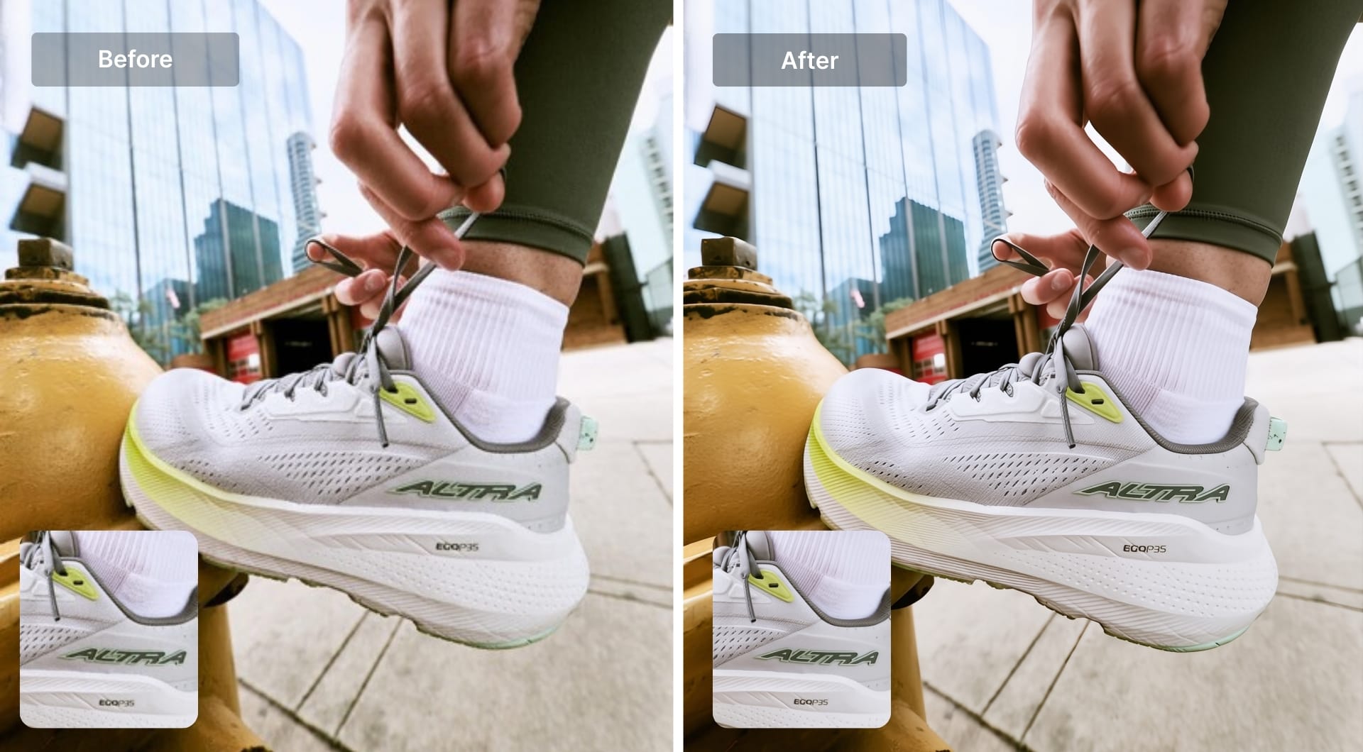 Before-and-after upscale of a runner tying a shoe lace
