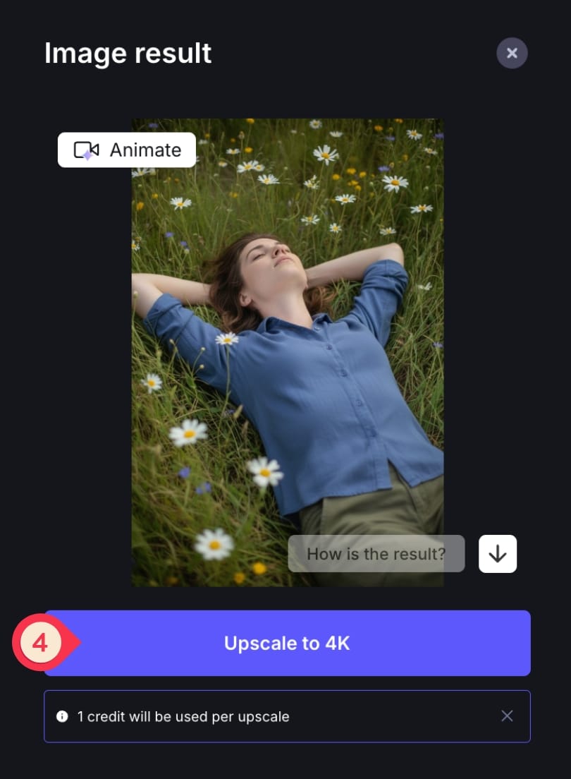 Image result card with an “Upscale to 4K” button