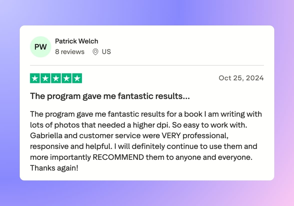 Trustpilot review praising high-DPI results for book photos