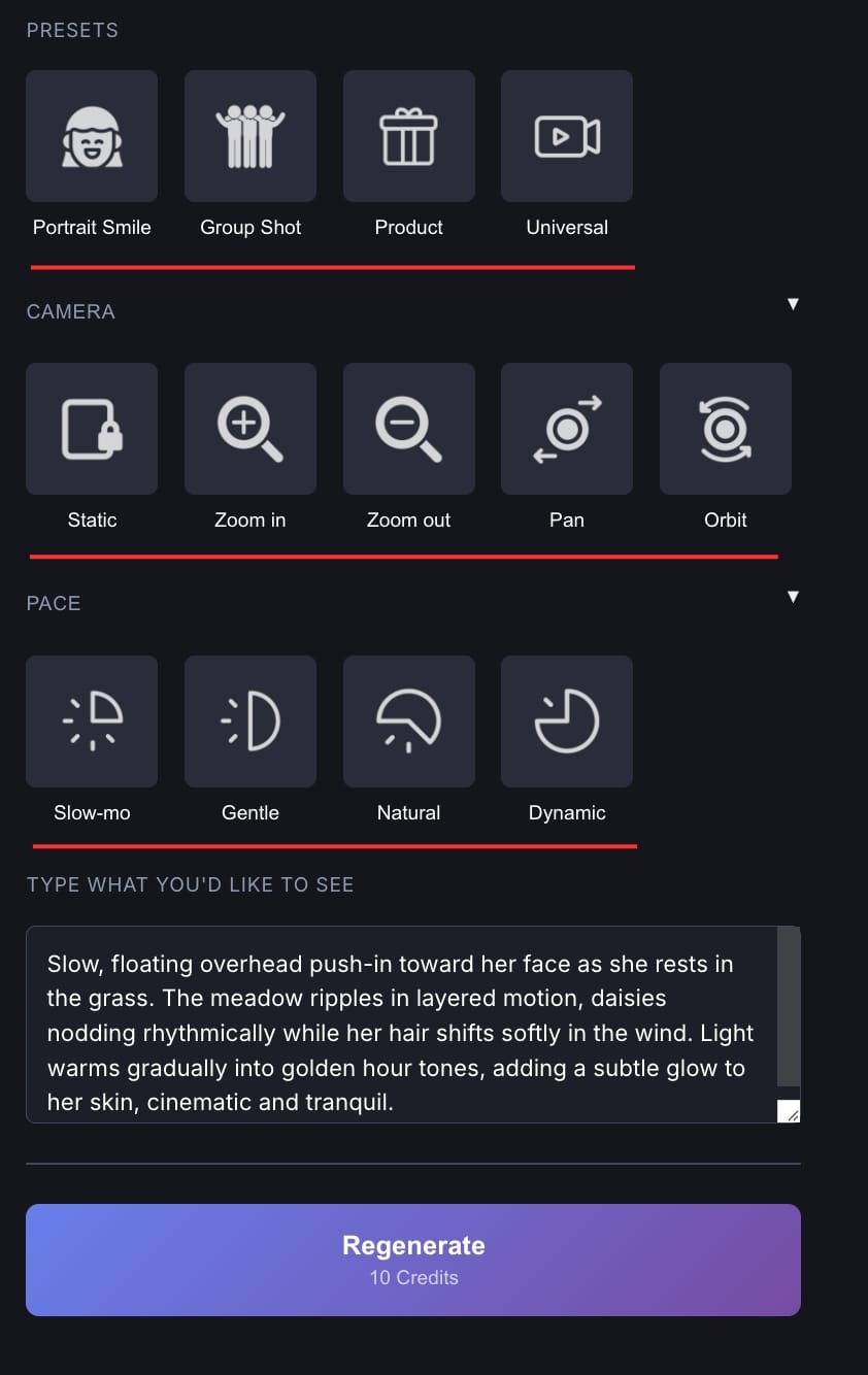 Presets and camera movement controls in AI Video settings