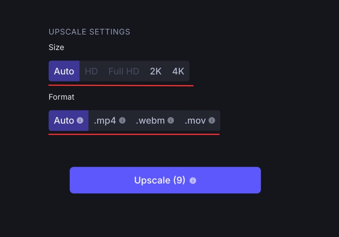  Video upscaler settings for size and output format
