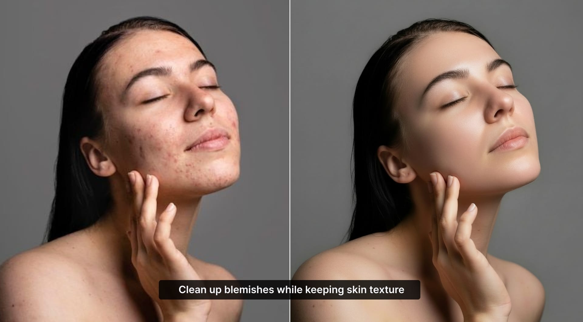 Before-and-after portrait with blemishes cleaned while keeping texture