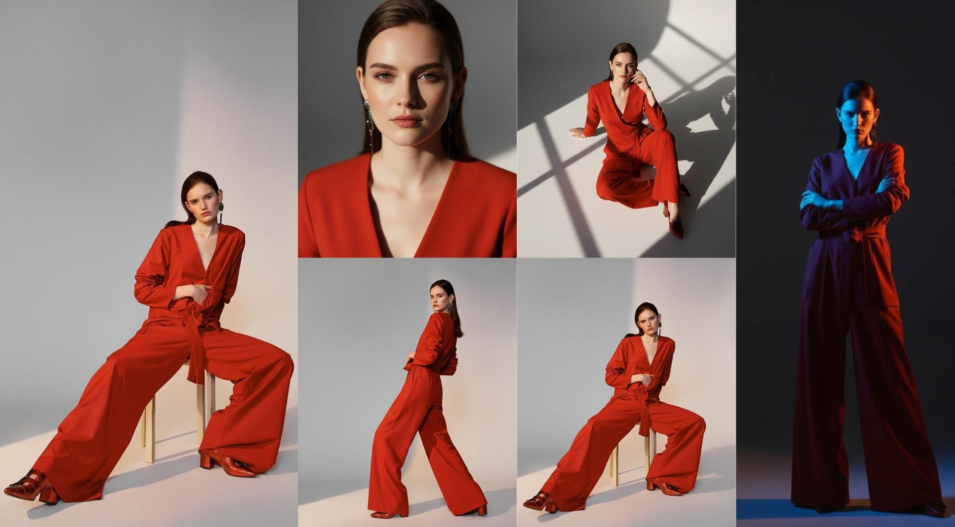 Fashion model variations showing different poses and lighting