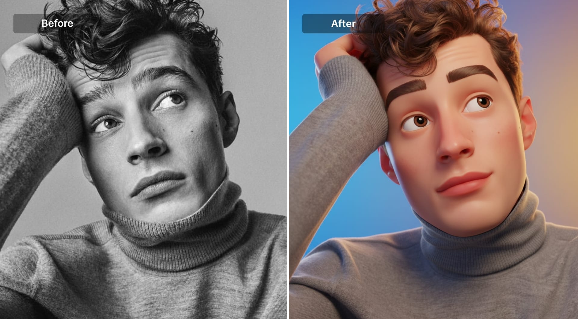 Portrait transformed into smooth Pixar-like 3D character