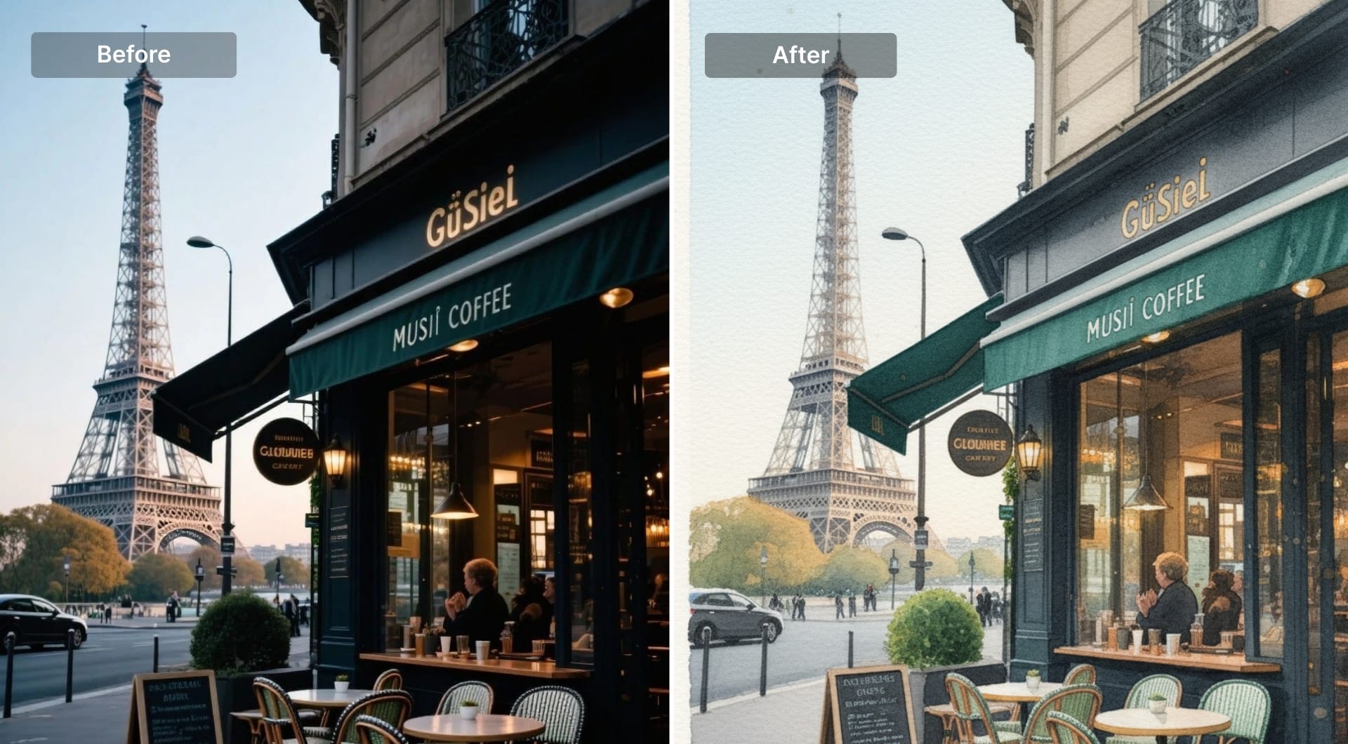 City café scene rendered as watercolor painting