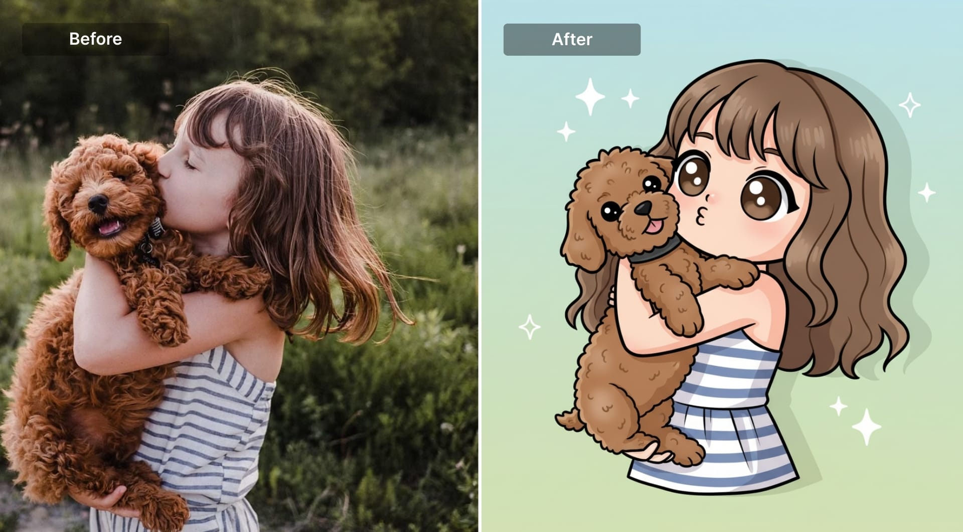 Image of a girl with a dog simplified into chibi-style illustration