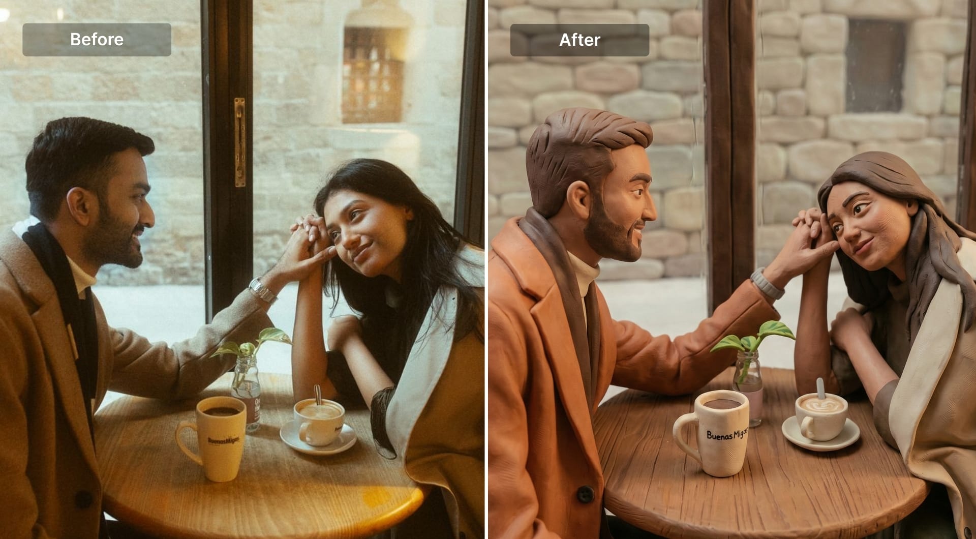 Couple image recreated as stop-motion clay character