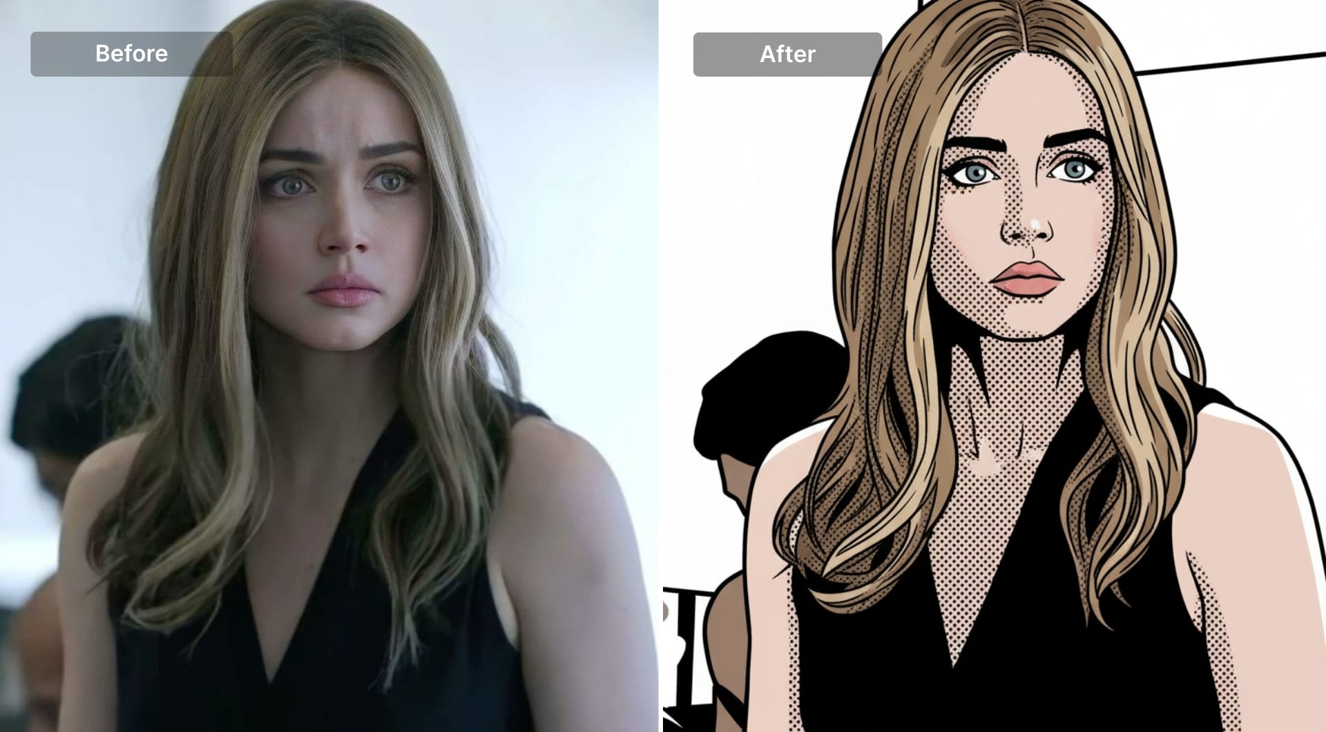 Portrait redrawn in comic-book style with halftone shading