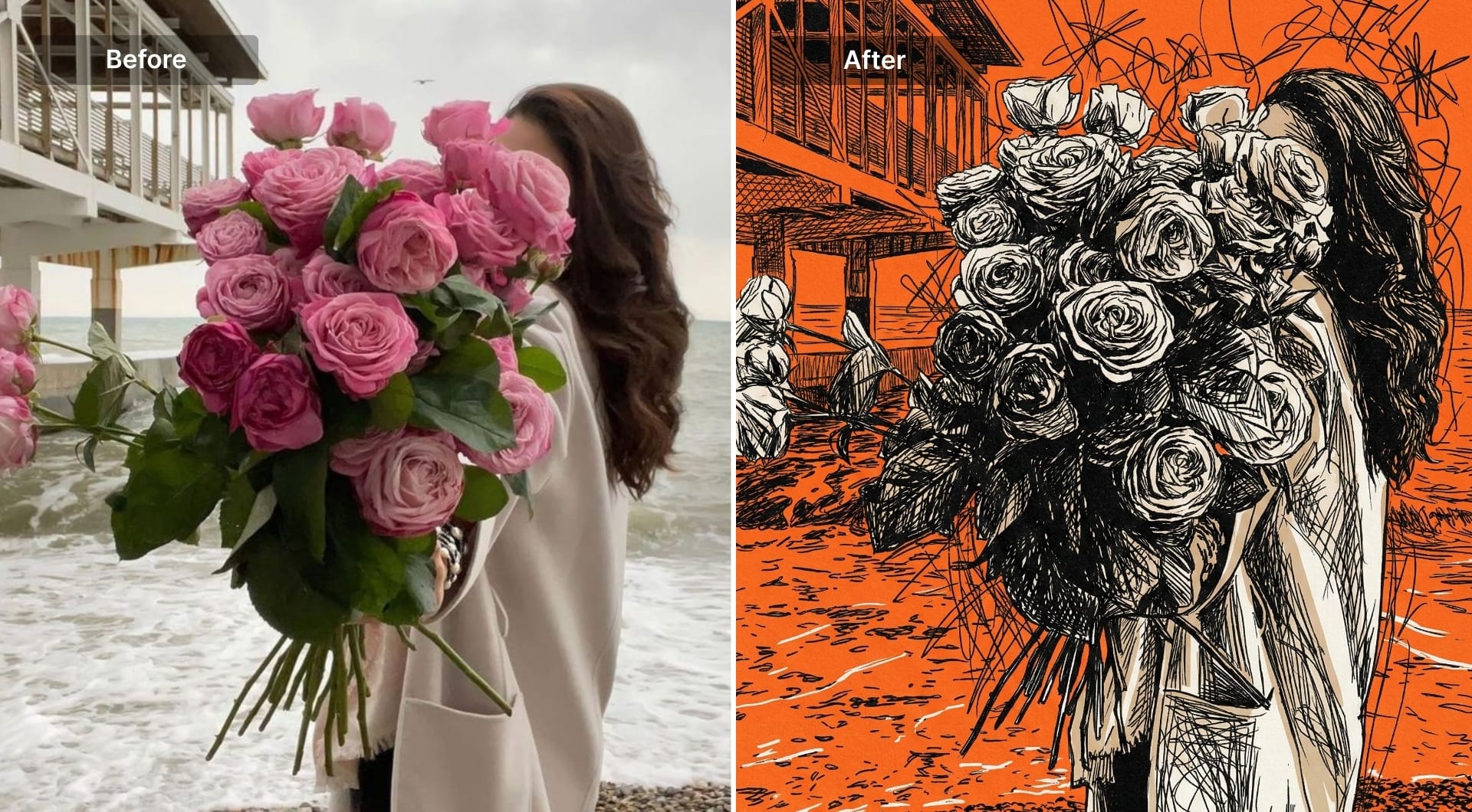 Image of a girl holding flowers rendered as chaotic black ink scribble poster