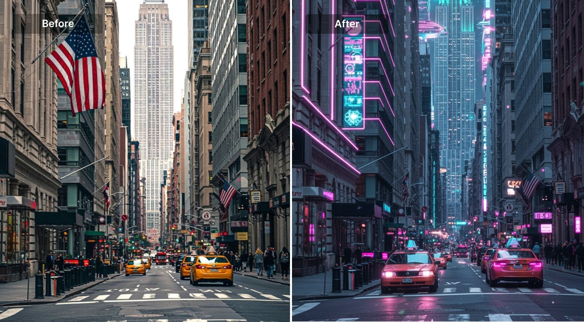 City street scene restyled with neon cyberpunk lighting