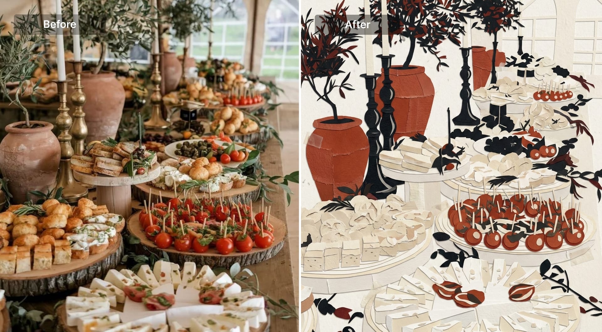 Food table turned into paper collage