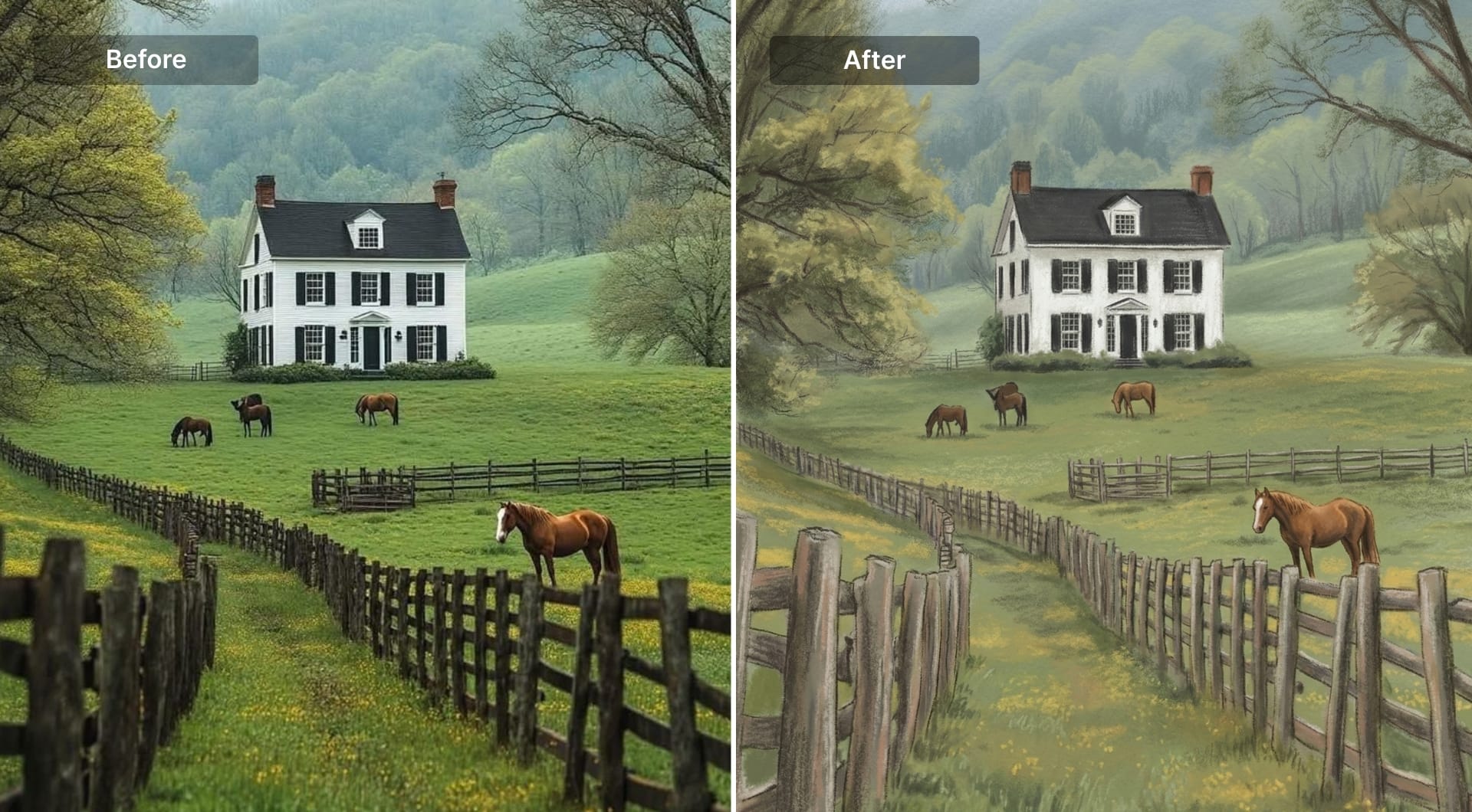 Farmhouse recreated as soft pastel chalk illustration