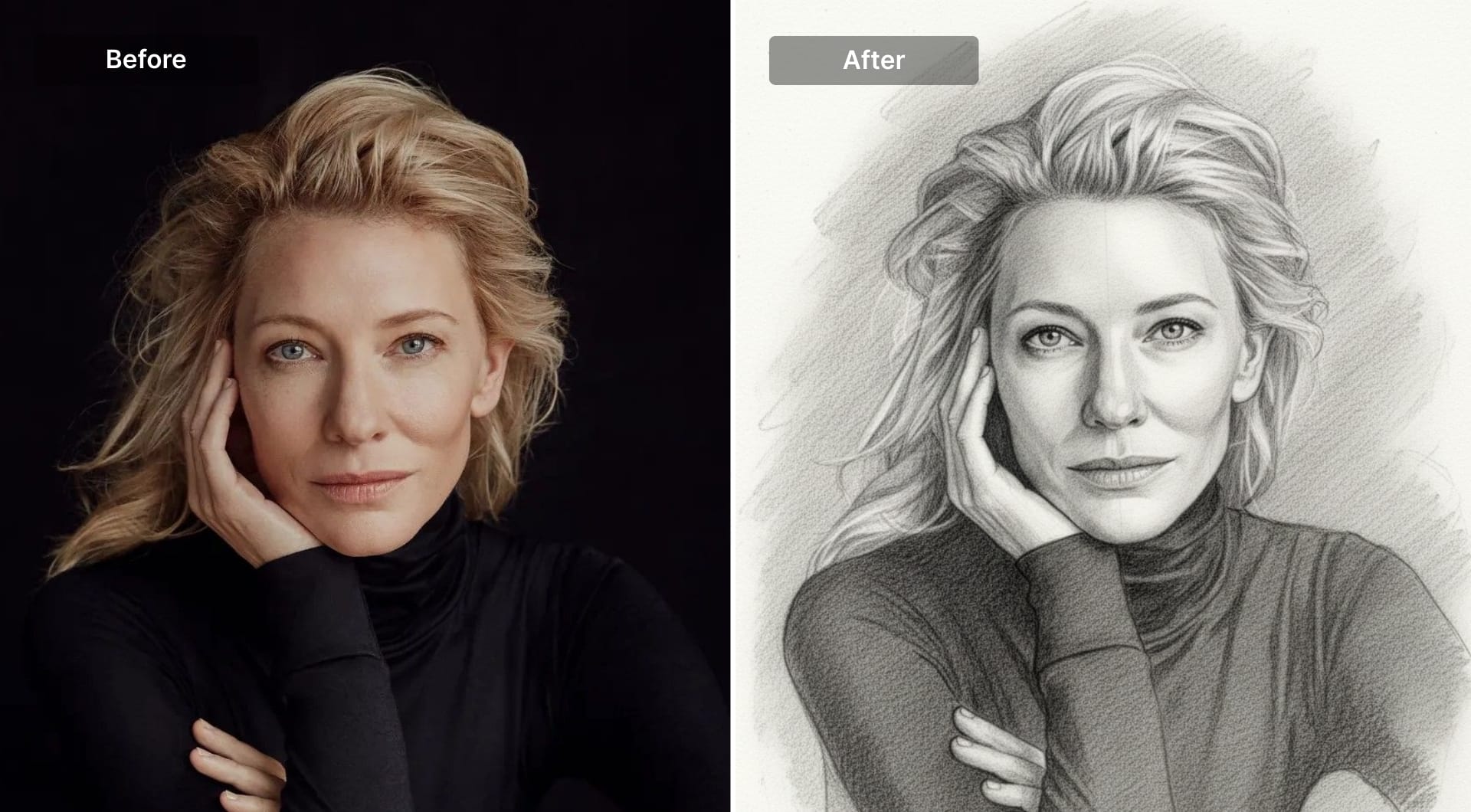 Portrait redrawn as graphite pencil sketch