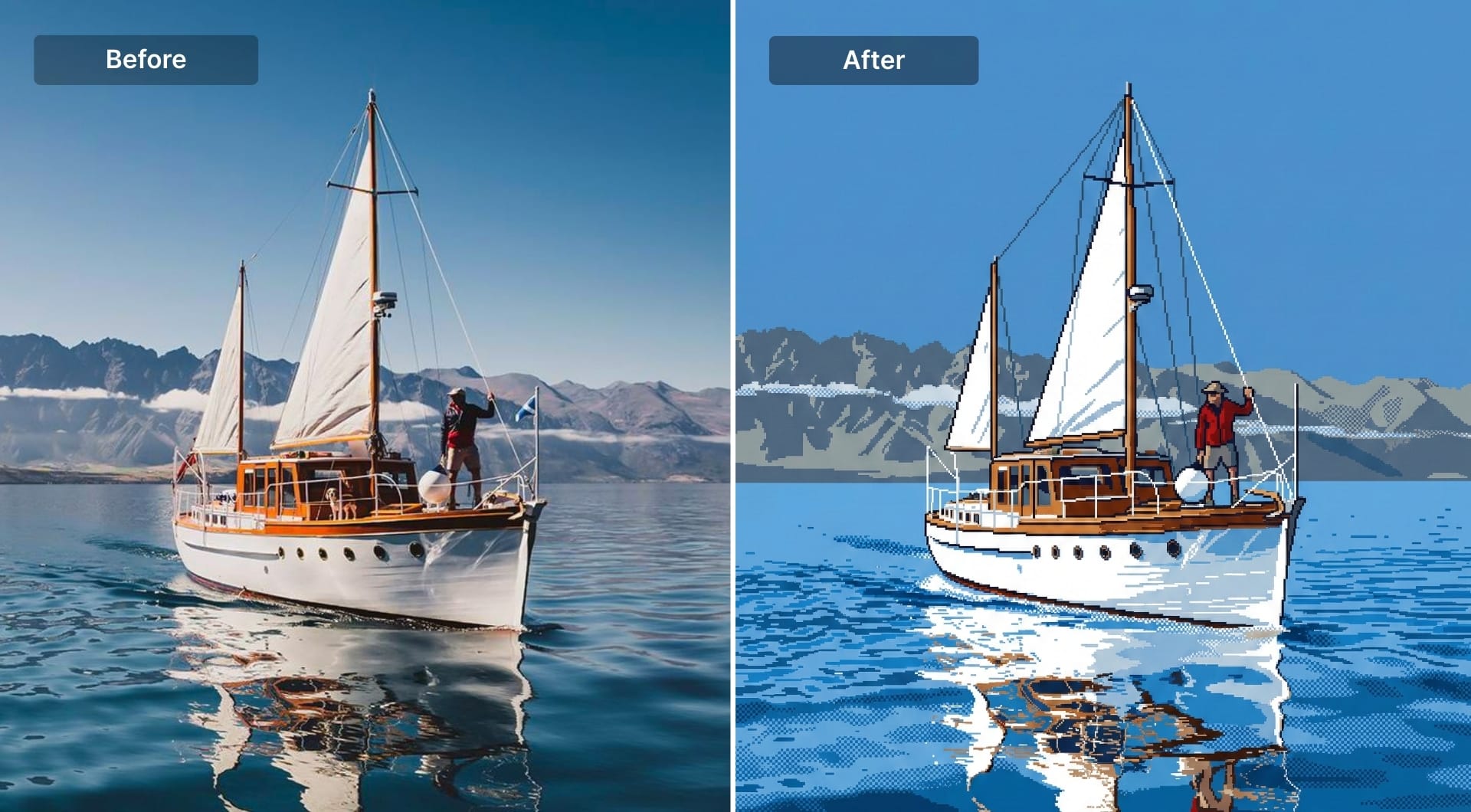 Sailboat scene converted into 16-bit pixel art