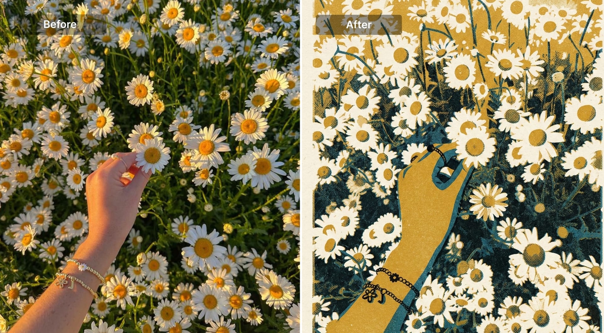 Hand reaching into daisies in risograph print style