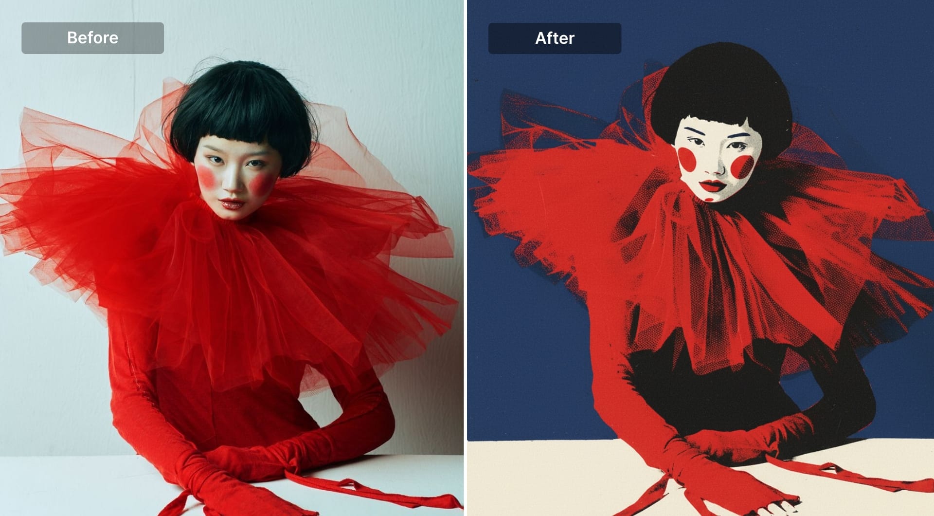 Fashion portrait redesigned as limited-palette screen print